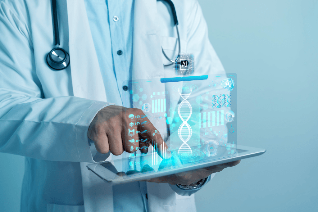 Clinician reviewing AI-powered clinical decision support insights on a healthcare dashboard